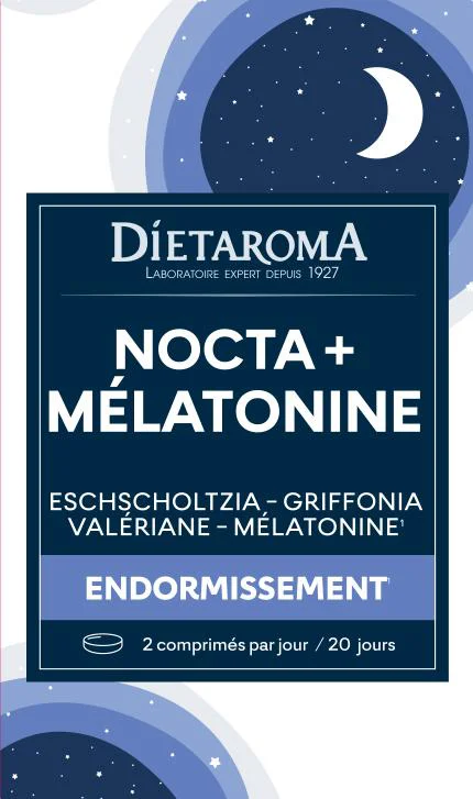 Complément alimentaire eschscholtzia, griffonia, valériane, mélatonine endormissement nocta + mélatonine Dietaroma - 40 comprimés