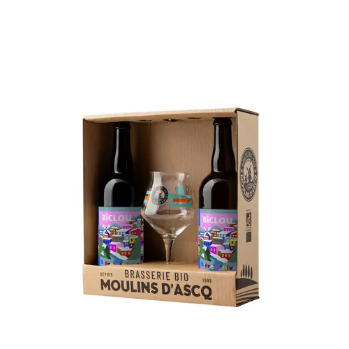 Coffret de Noël de 2 bières bio Biclou 75 cl avec verre Brasserie des Moulins d’Ascq - les 3 pièces