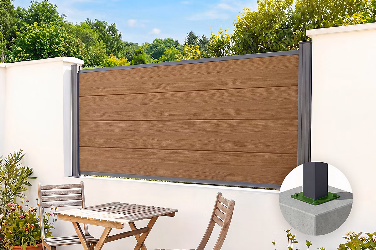 Kit clôture prêt à poser – Clôture composite 2m STOCKHORN H.90cm sur platine teck
