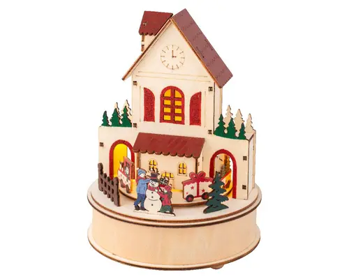 Village animé rond en contreplaqué avec école et train lumineux 3 LED blanc chaud - Ø 15 x H 20,3 cm