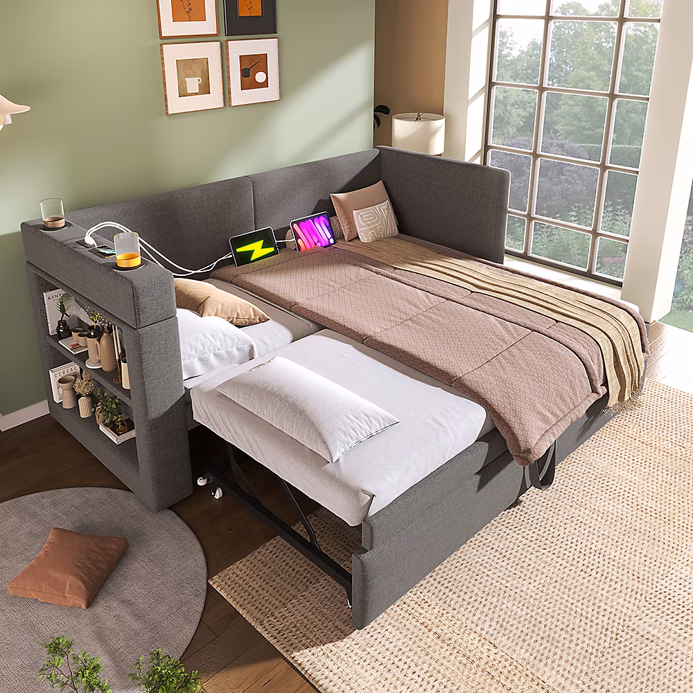 Canapé-lit gigogne 90 × 200 cm – gris, accoudoirs USB/Type-C + porte-gobelets