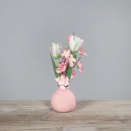 Bouquet de tulipes et cerisier artificiels en vase rose clair - 20 cm