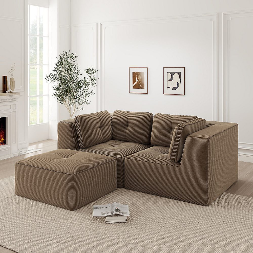 Canapé d'angle modulable – 2 places, tissu corde, brun