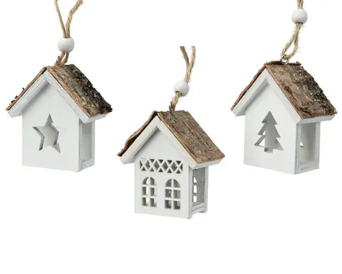 Maison en bois blanc avec toit en écorce à suspendre - 3 x 6 x 7 cm