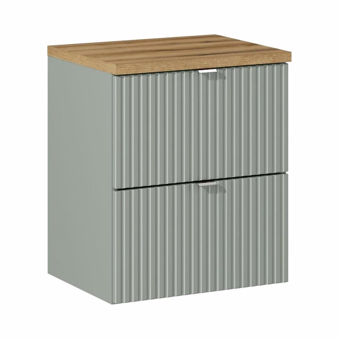 Meuble de salle de bains – Ensemble ELVINA 50cm : meuble sous vasque à tiroirs vert sauge gris et plan pour vasque aspect bois foncé