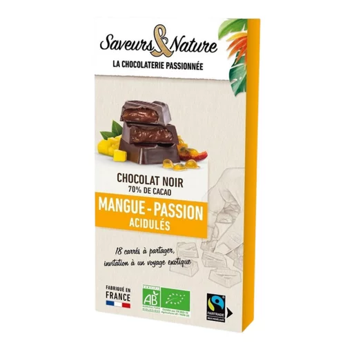18 carrés fourrés mangue-passion chocolat noir bio Saveurs et Nature - 80 g