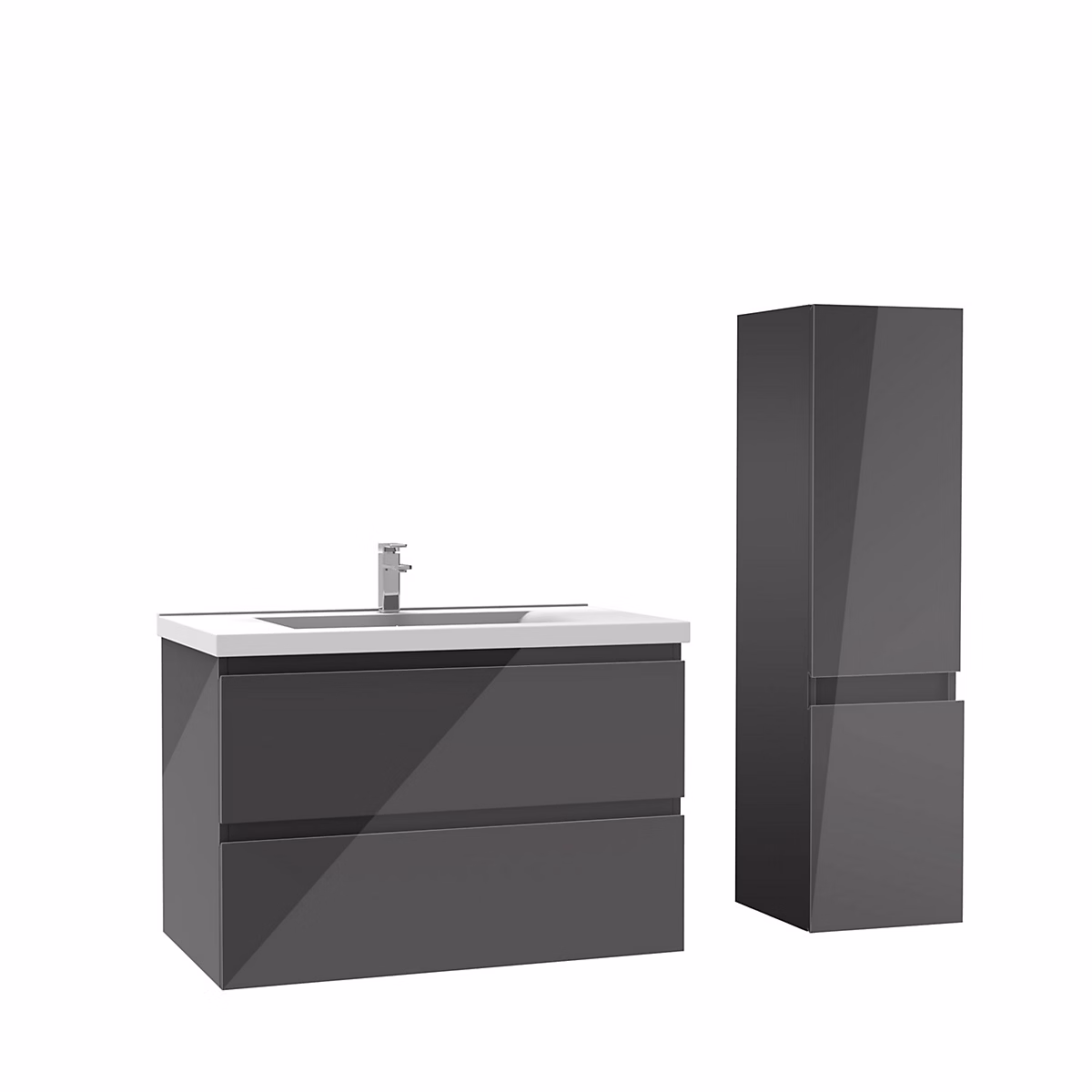 Ensemble meuble salle de bain 80 cm anthracite brillant avec 2 tiroirs – lavabo céramique simple + colonne, suspendu