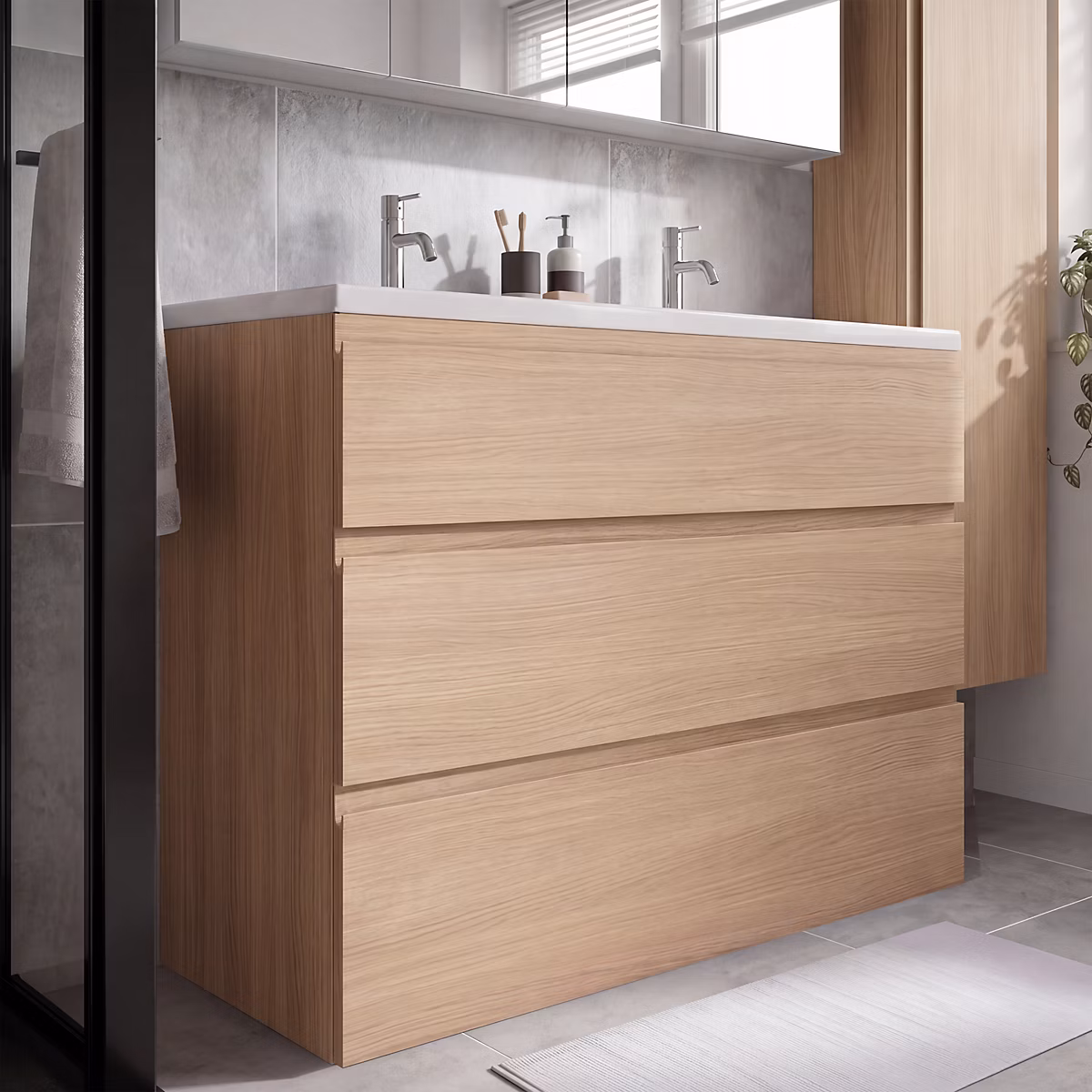 Meuble sous vasque à poser effet chêne clair l.120 cm 3 tiroirs Imandra + plan double vasque blanc céramique Levanna – GoodHome
