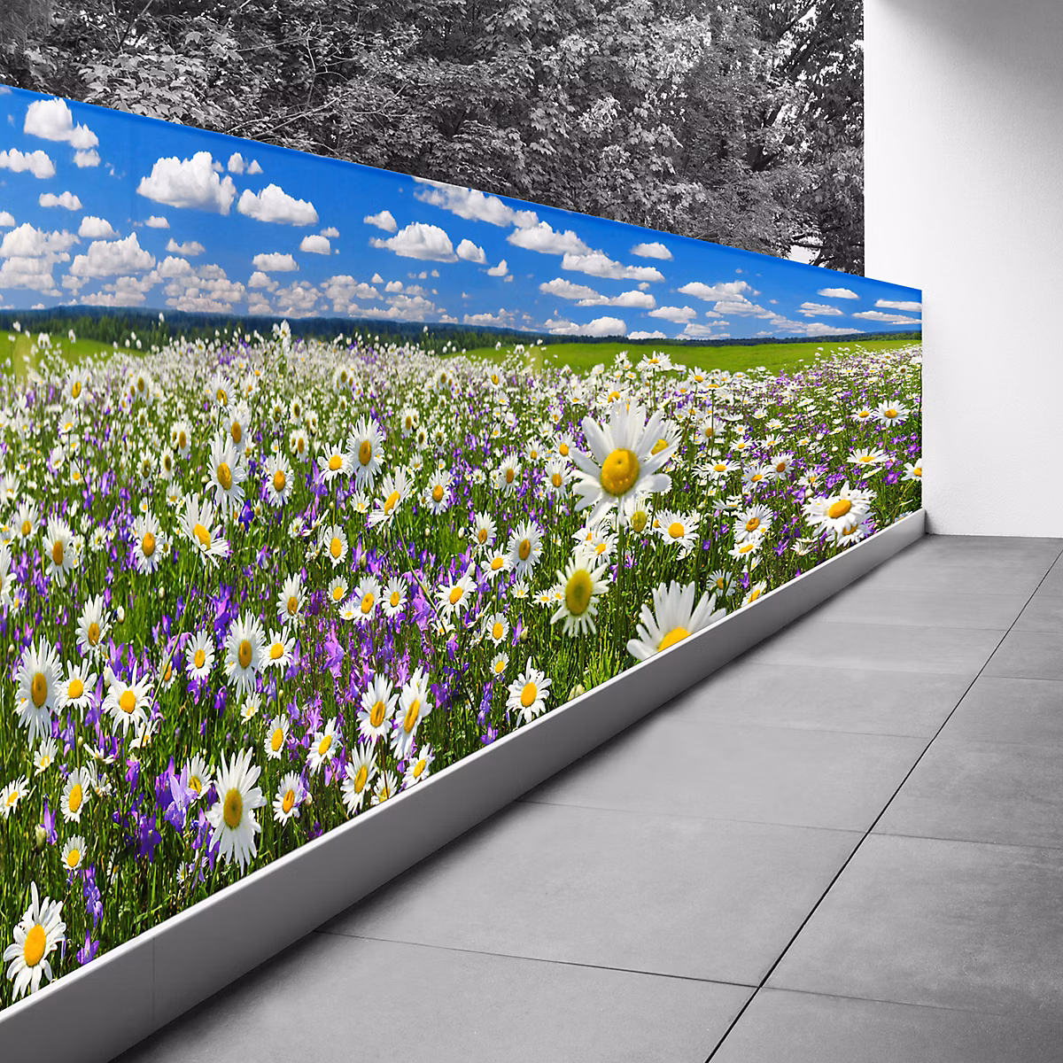 Brise vue Trompe l'oeil – 130 × 520 cm, Champ fleurs 3617689692821