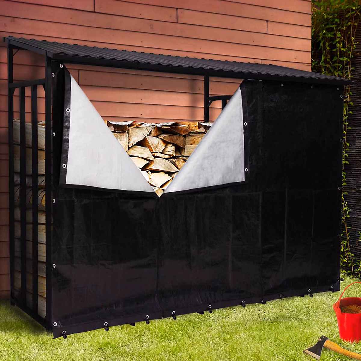Abri de stockage en acier galvanisé pour bûches L. 274 cm avec housse de protection – Réf. VCPUOWGIS9668231760