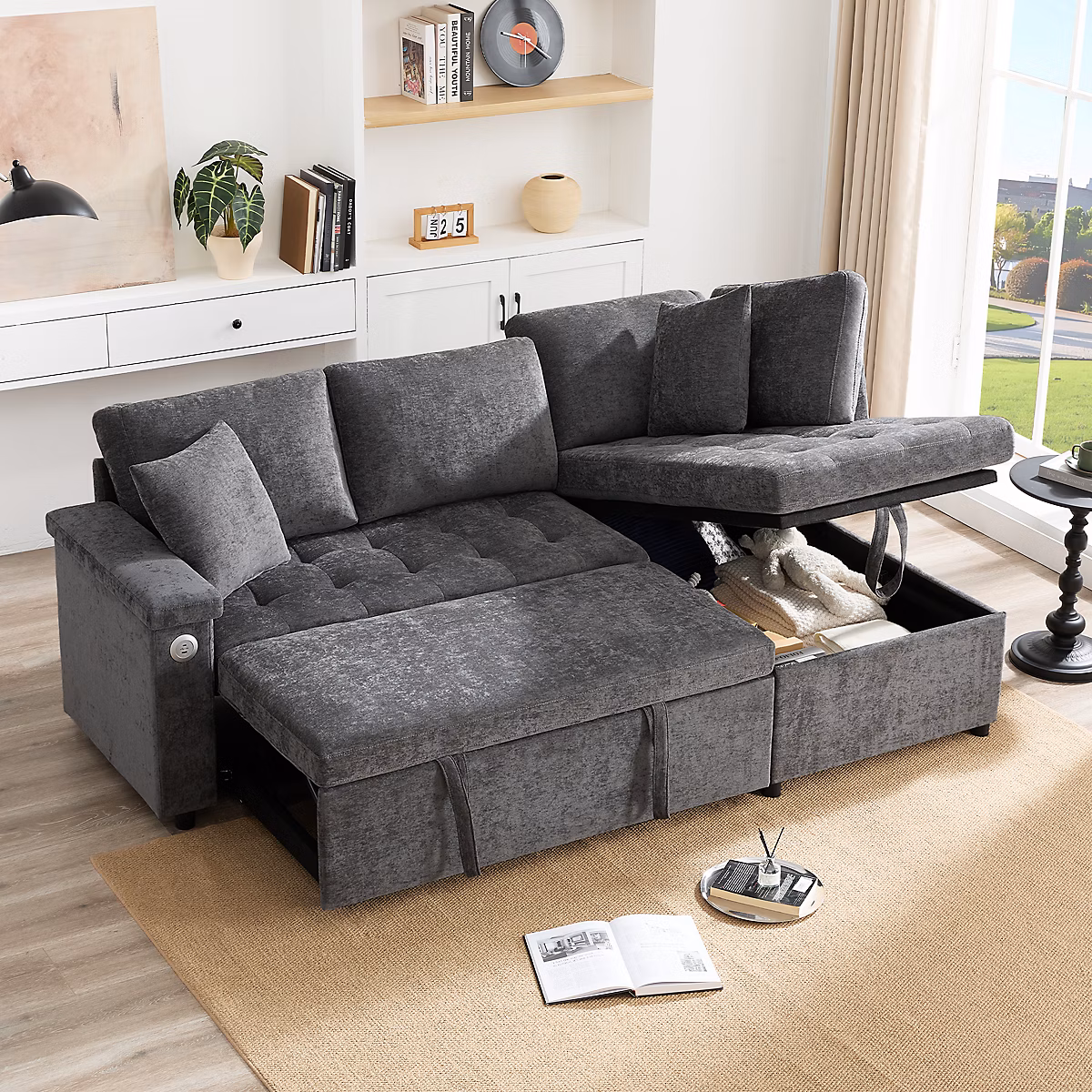 Canape angle moderne gris avec lit escamotable rangement port USB tablette accoudoir et 2 coussins pour salon ou appartement – Réf. QHYPSOYGG9463022150