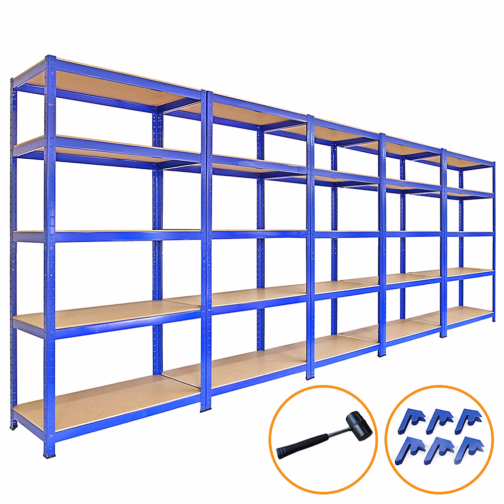 5 Rayonnages T-Rax Bleus 90cm x 45cm x 180cm – Maillet & Connecteurs de Baies