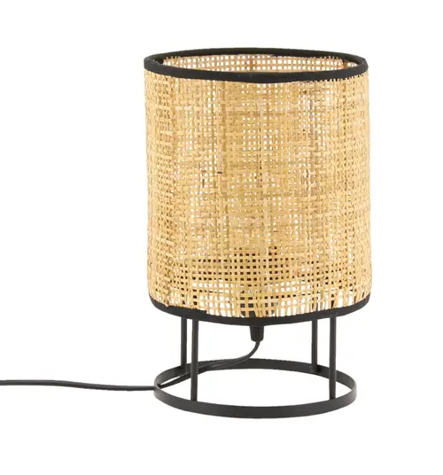 Lampe de table en cannage naturel et métal coloris noir - Ø 18 x 28,5 cm