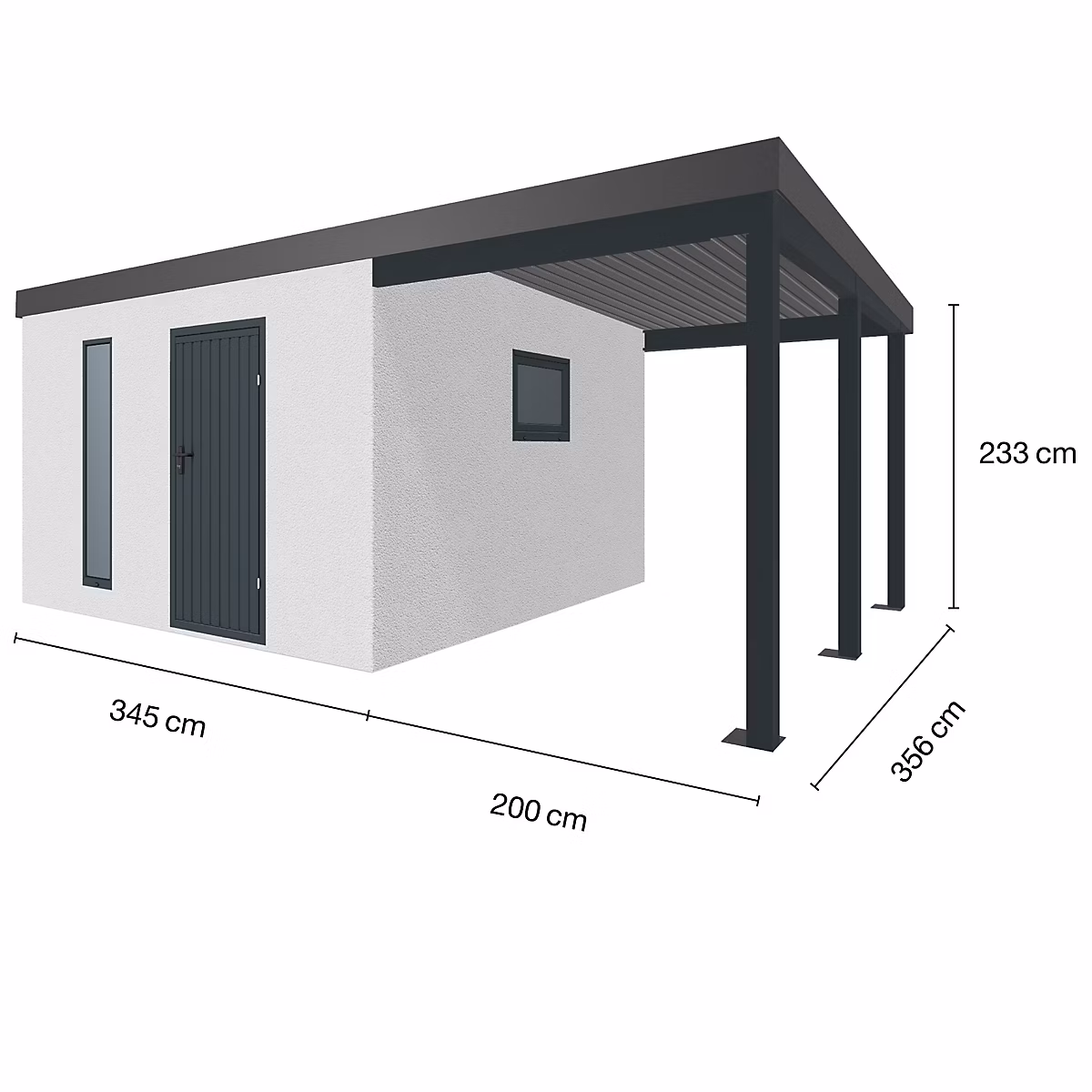 Abri de jardin en métal finition crépi 3450 × 3560 mm blanc avec auvent à droite 2000 × 3560 mm anthracite