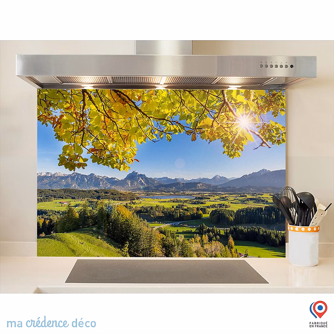 Crédence cuisine fond de hotte feuillage et montagnes – Verre trempé, L 90 cm x H 60 cm, MaCrédenceDéco