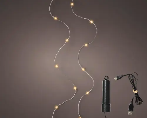 Guirlande à 50 micro-LED blanc orangé sur câble argent pour extérieur - 4,9 m