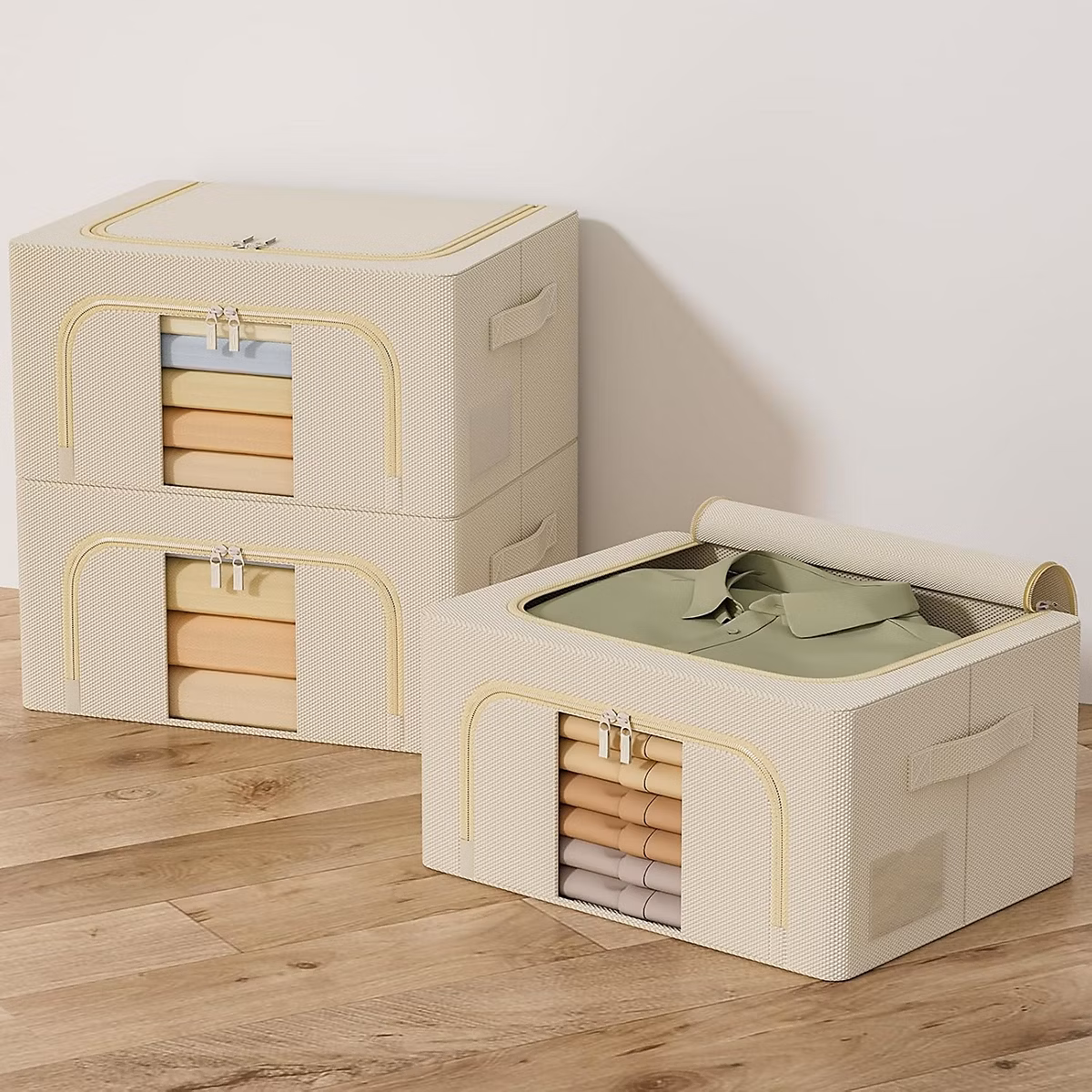 Boîte et support de rangement de salle de bains – Boîte de rangement pliable en métal beige 24 L