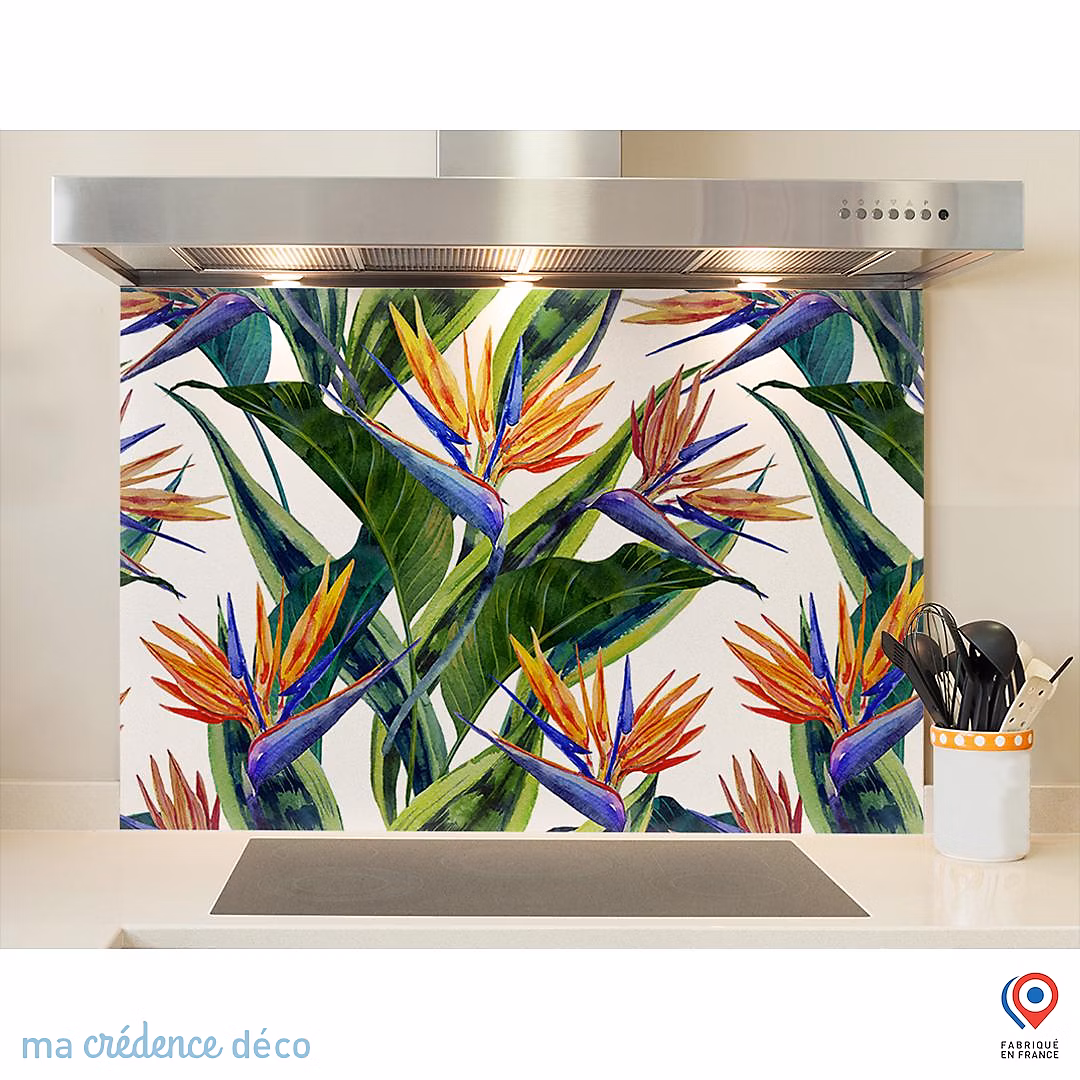 Crédence cuisine fond de hotte feuilles et fleurs tropicales 1 – Verre trempé, L 90 cm x H 60 cm, MaCrédenceDéco