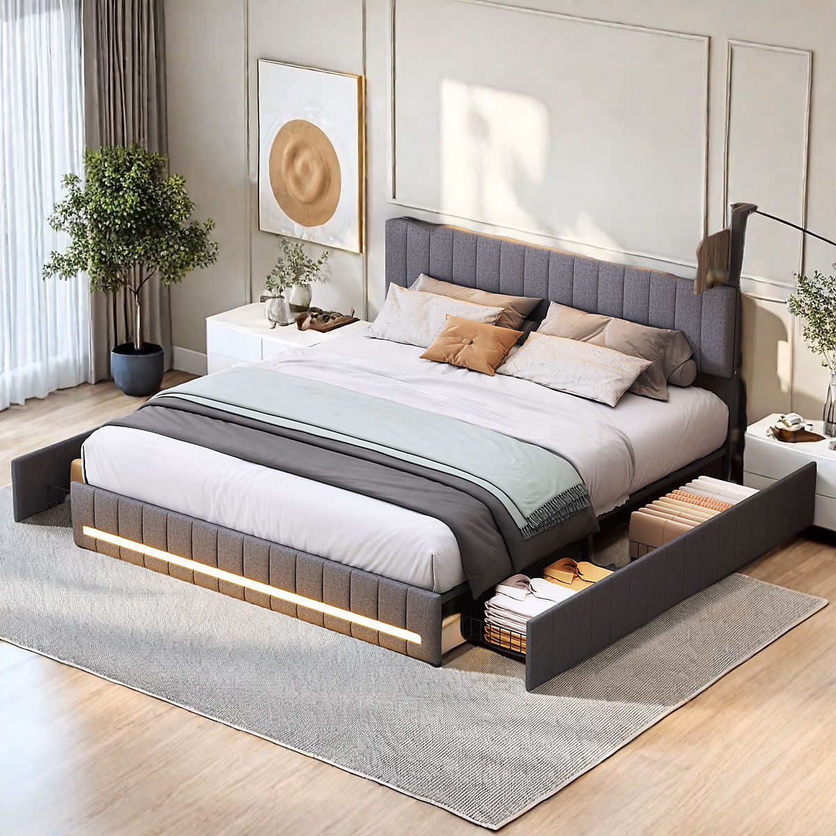 Cadre de lit double gris 160 × 200 cm – sommier à lattes | rembourré avec tête de lit rangement | 4 tiroirs intégrés et montage facile