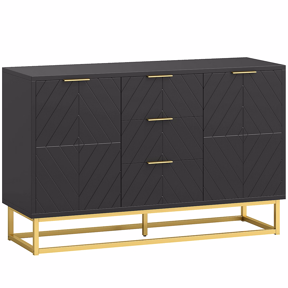 Meuble – Buffet design contemporain graphique 2 placards porte étagères réglables 3 tiroirs coulissants MDF noir métal doré