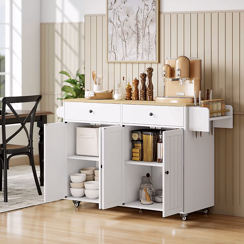 Îlot de cuisine mobile blanc en MDF avec rangements et porte – serviettes