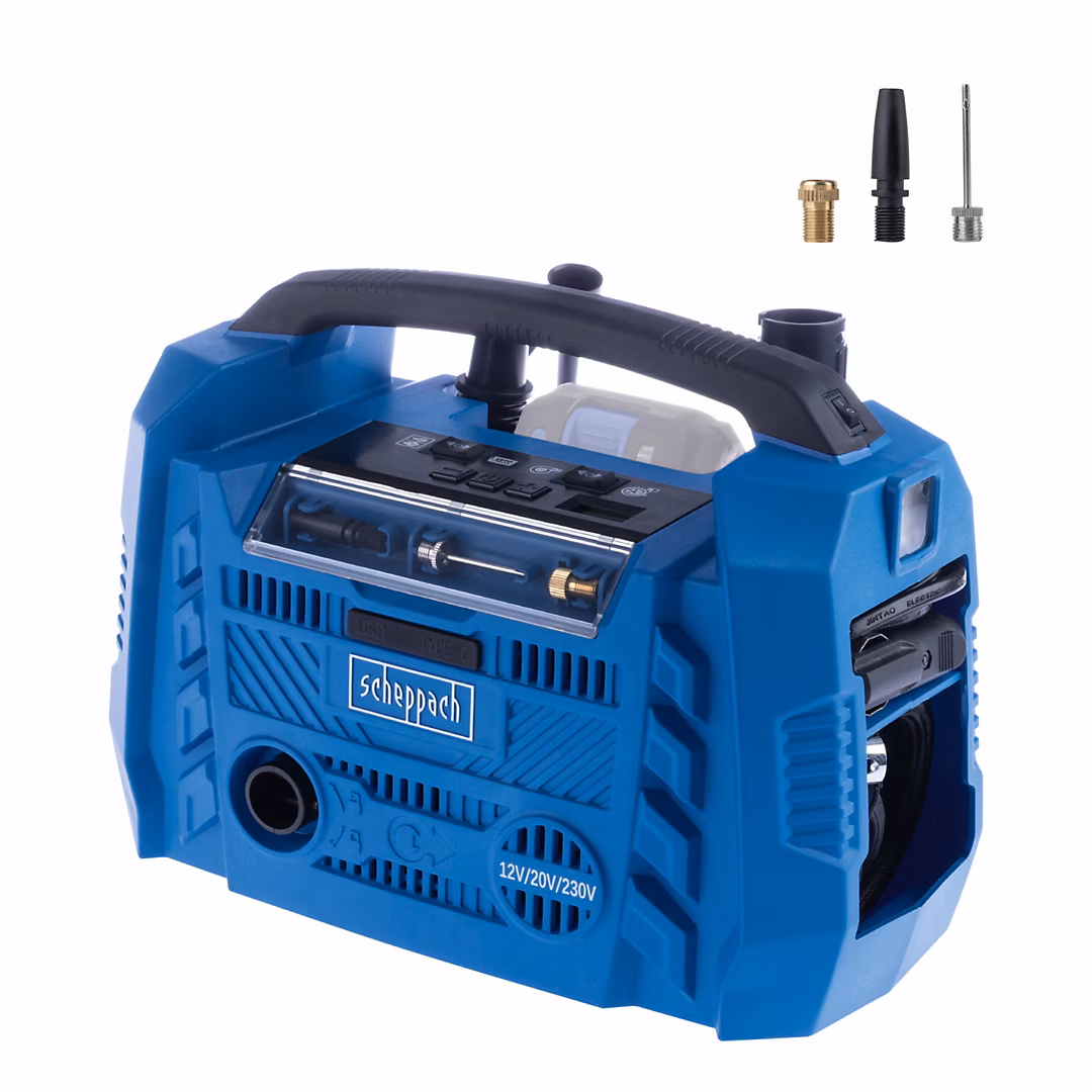 Compresseur sans fil Airforce 6 – pression max 10, 3bars, 6 accessoires inclus, SCHEPPACH 20V IXES, sans batterie ni chargeur