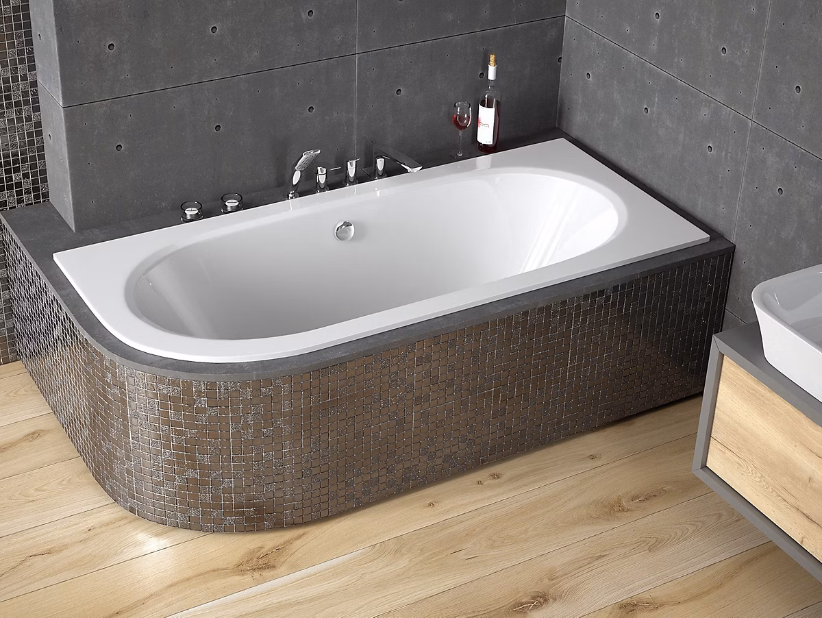 Baignoire asymétrique 180 × 80 Droite AVITA SLIM acrylique blanc + Habillage en polystyrène + Pieds + Vidage à chromé
