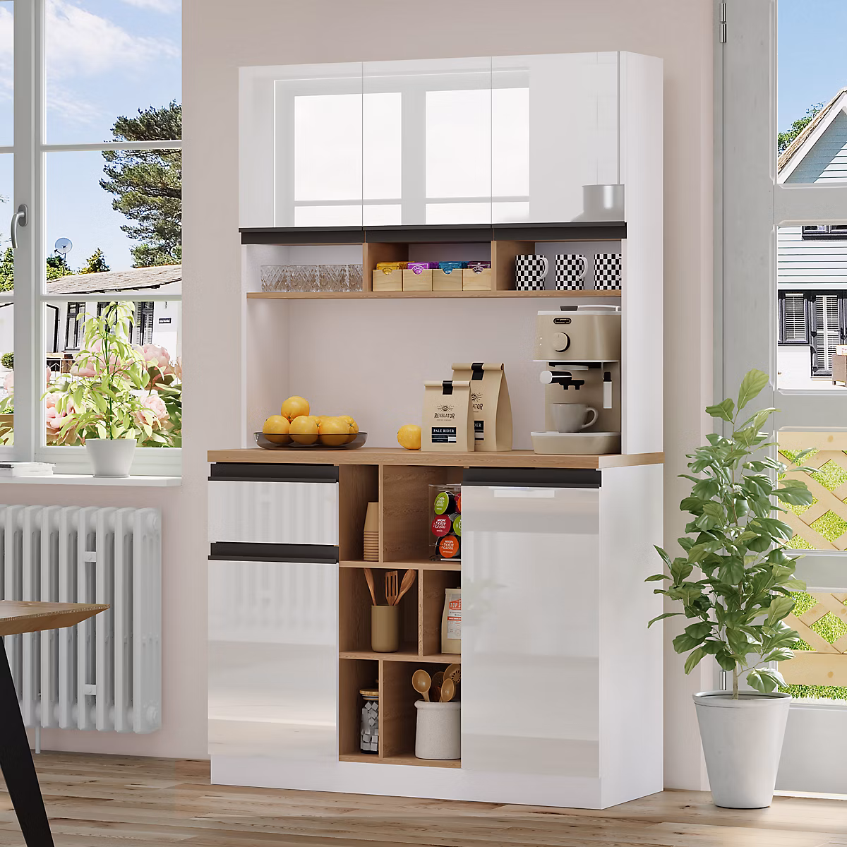 Buffet – Meuble d'Entrée Avec Portes Laquées, Tiroirs et Étagères Réglables, Rangement Ouvert, MDF, Blanc