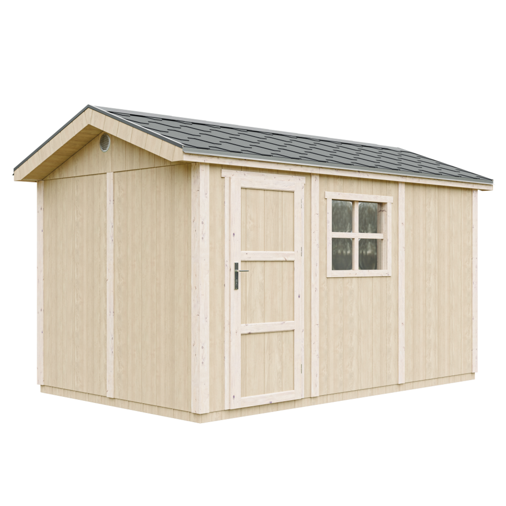 TIMBELA Abri de Jardin Qualité Premium 8,68m² H252x250x412 cm Avec un sol et des bardeaux bitumineux M914 – Aménagement du jardin