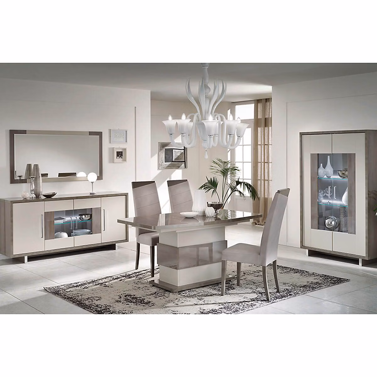 AUXANE – Pack Séjour Table Allongeable + Buffet 4P + Vitrine 2P Gris Metallisé et Mat