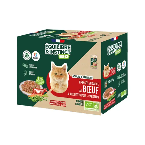 Aliment humide pour chat adulte bio bœuf petits pois carottes Équilibre & Instinct - 12 x 85 g