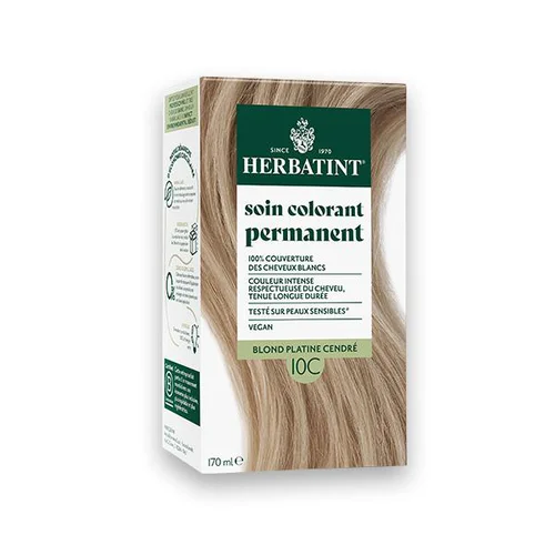Coloration permanente pour cheveux blond platine cendré 10C aux extraits végétaux biologiques vegan Herbatint - 170 ml