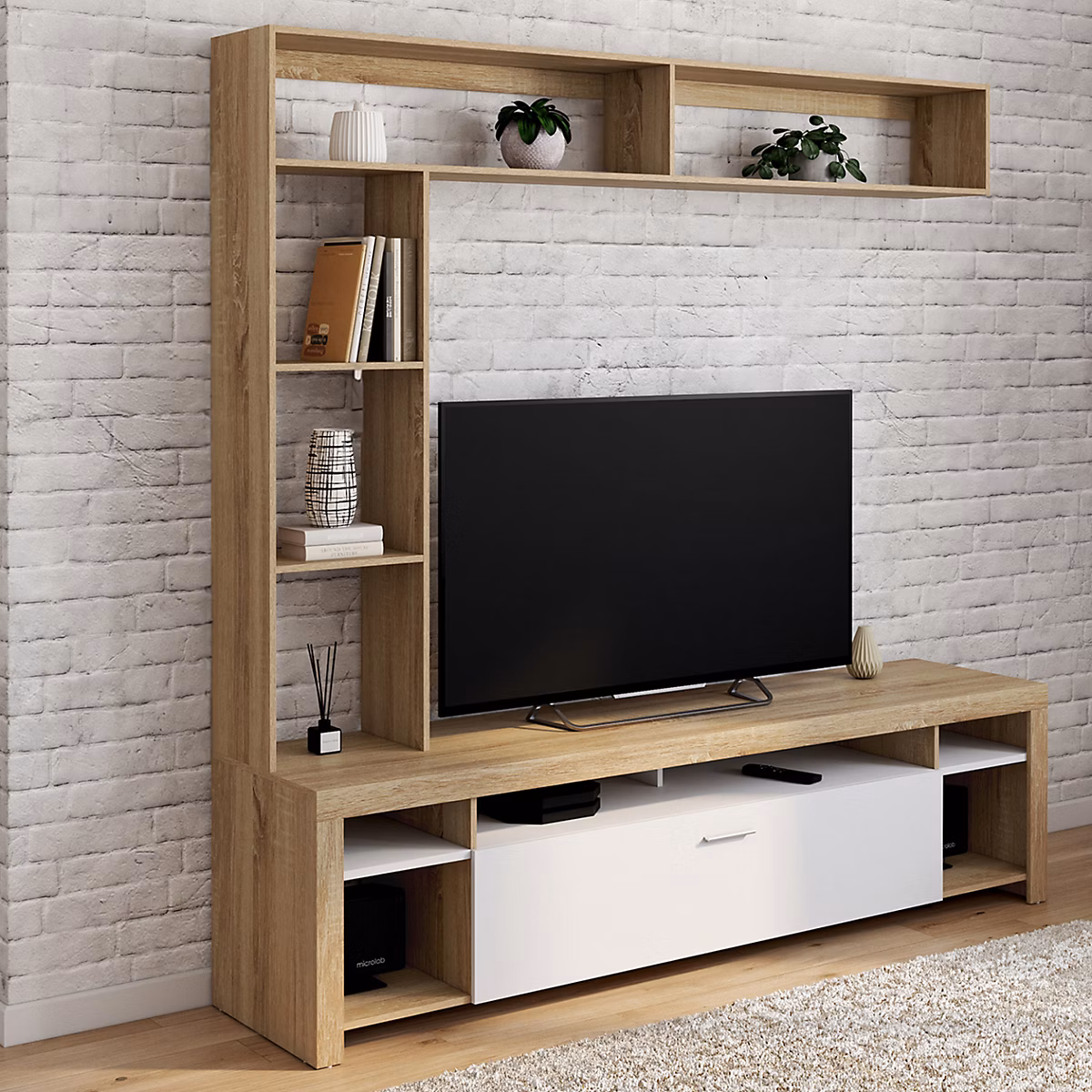 Ensemble meuble TV et étagères 170 cm MALO bois et placard blanc – Réf. XEMMVHAVK1763381194