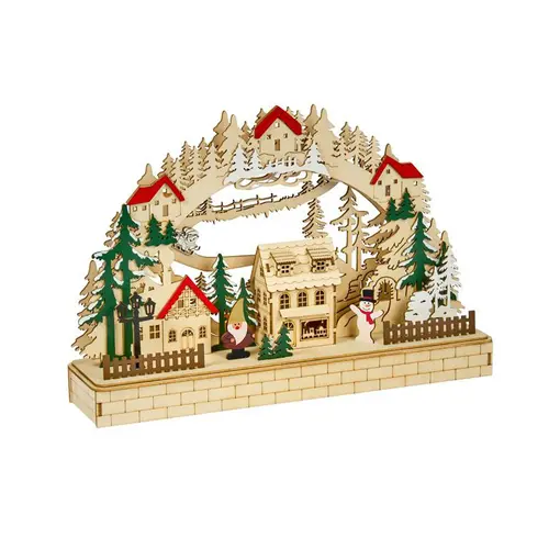 Village de Noël alpin en bois naturel et rouge 12 LED sur piles - 27 x 10 x 40,5 cm