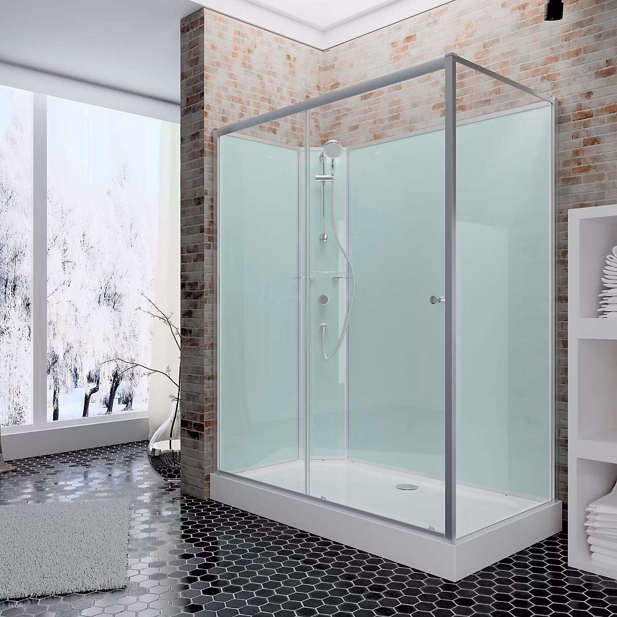 Cabine de douche intégrale rectangulaire – L.140 x l.90 x H.204 cm, porte coulissante réversible, profilé alu, argenté, Schulte Ibiza
