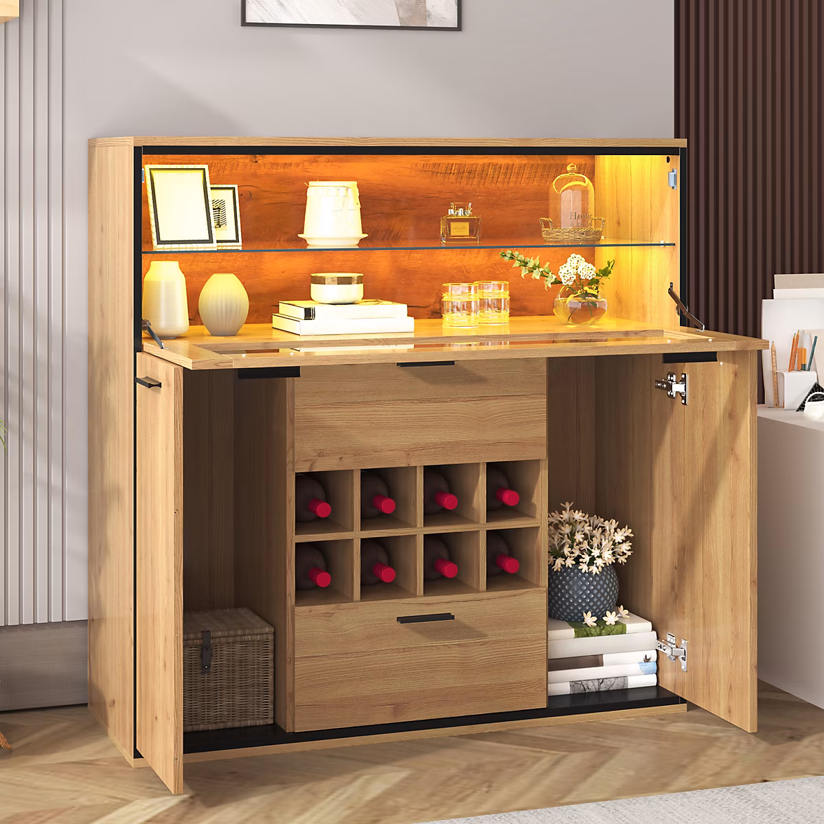 Buffet 110 cm en bois naturel et noir avec range – bouteilles et LED