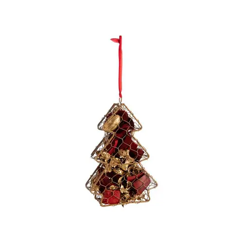 Décoration à suspendre en métal or forme sapin garnie de pot-pourri rouge et or - 3,5 x 6 x 14 cm