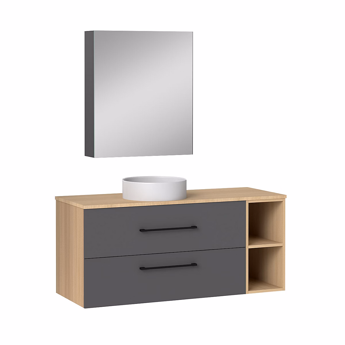 Ensemble meuble de Salle de Bain Suspendu 120cm avec vasque à poser + 2 Rangements Ouverts – Armoire salle de bain avec miroir