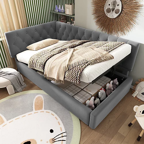 Canapé | lit coffre 90 × 200 cm – avec rangement – tissu en velours – avec sommier à lattes – Gris(sans matelas)