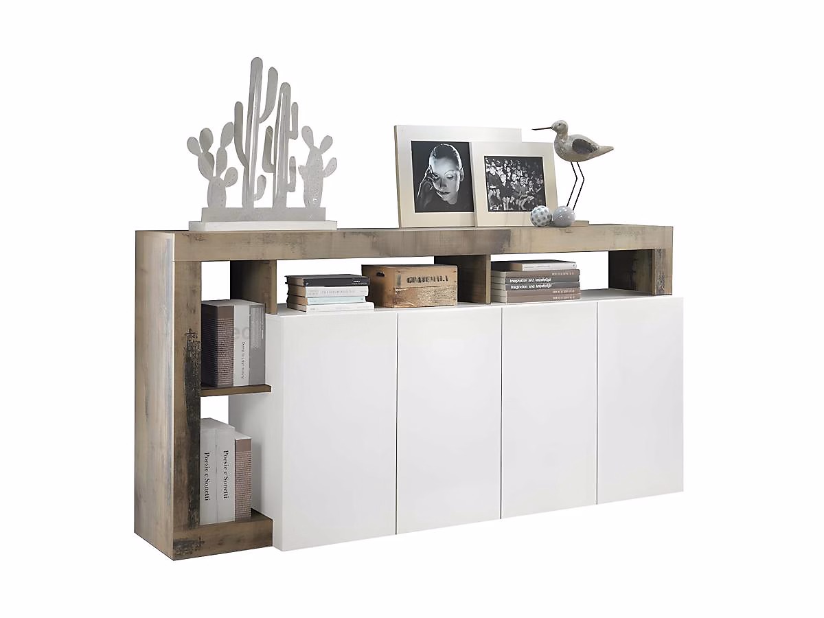 Buffet SEFRO – 4 portes et 4 niches, Blanc laqué et chêne