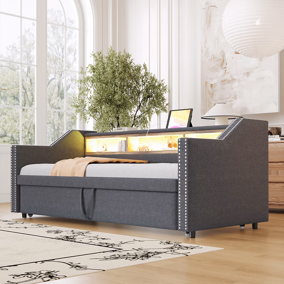 Canapé-lit 140 × 190 cm convertible clic-clac en tissu gris – dossier réglable, style contemporain