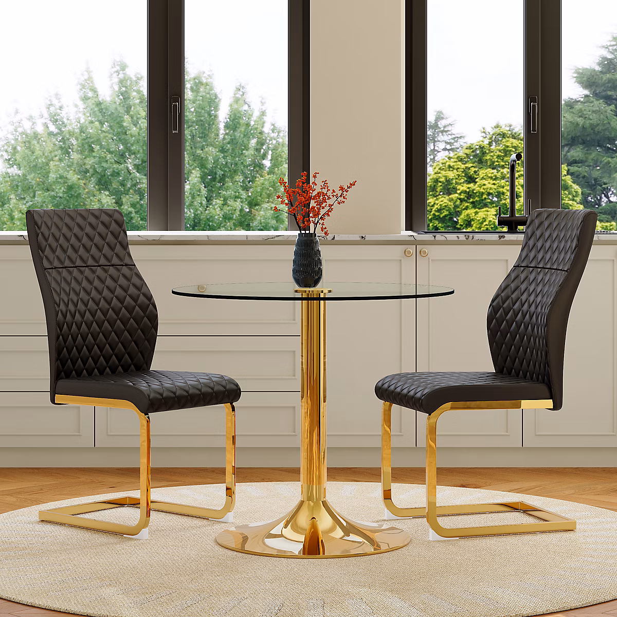 Ensemble table et chaise – Ensemble table ronde 85 cm en verre trempé avec 2 chaises noires et dorées