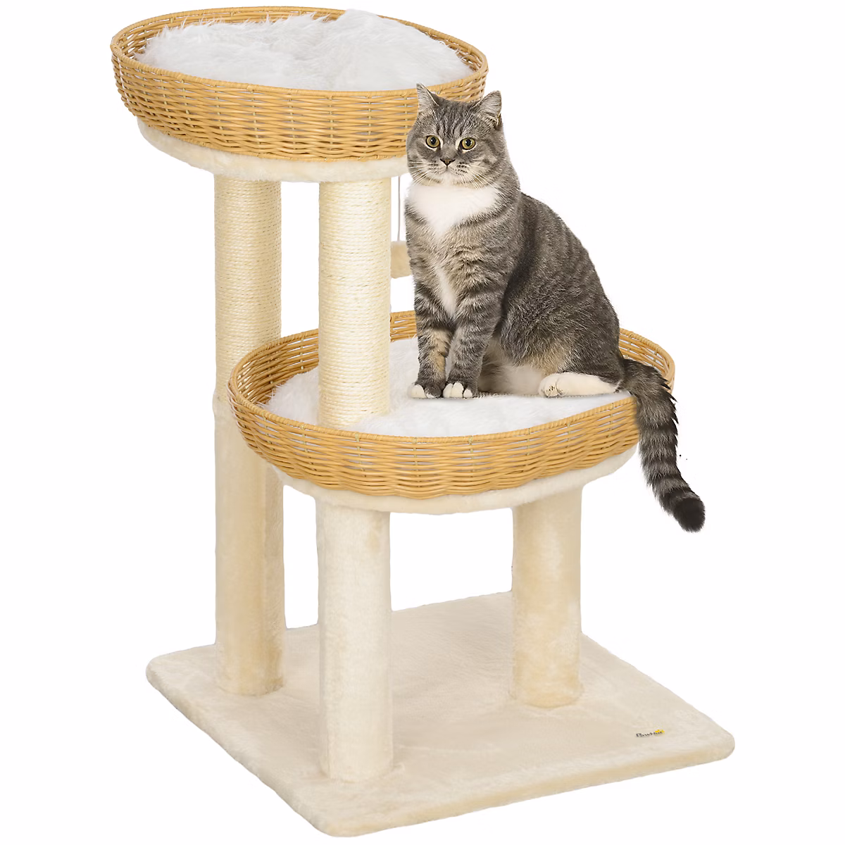 Arbre à chat style bohème aspect rotin tressé – griffoirs, 2 paniers coussins effet fourrure, balle suspendue, beige