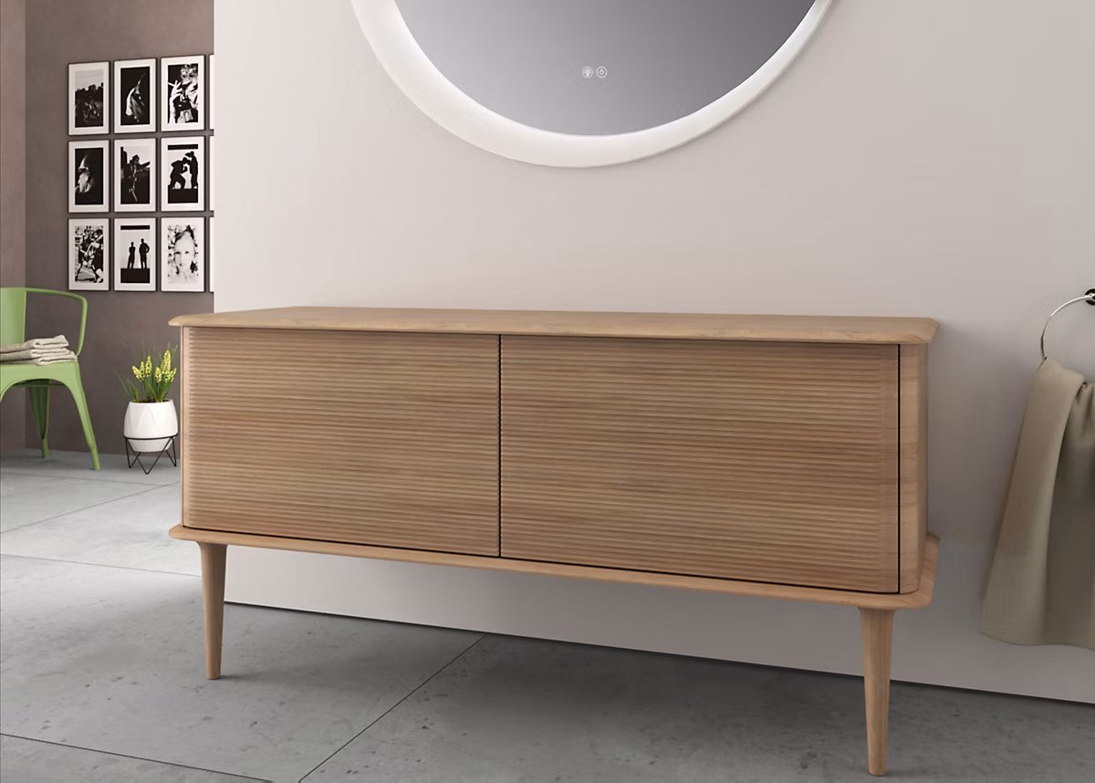 Meuble sous vasque suspendu avec plan de toilette et pieds l.141 x H.29 cm – effet chêne tabac | Idra