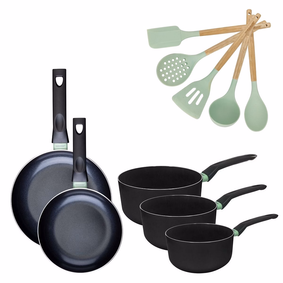 Batterie de cuisine avec 2 poêles 20/24 cm et 3 casseroles 16/18/20 cm et 5 ustensiles de cuisine Fackelmann Brandao Océan – Réf. JIMOJJGOD3037021529