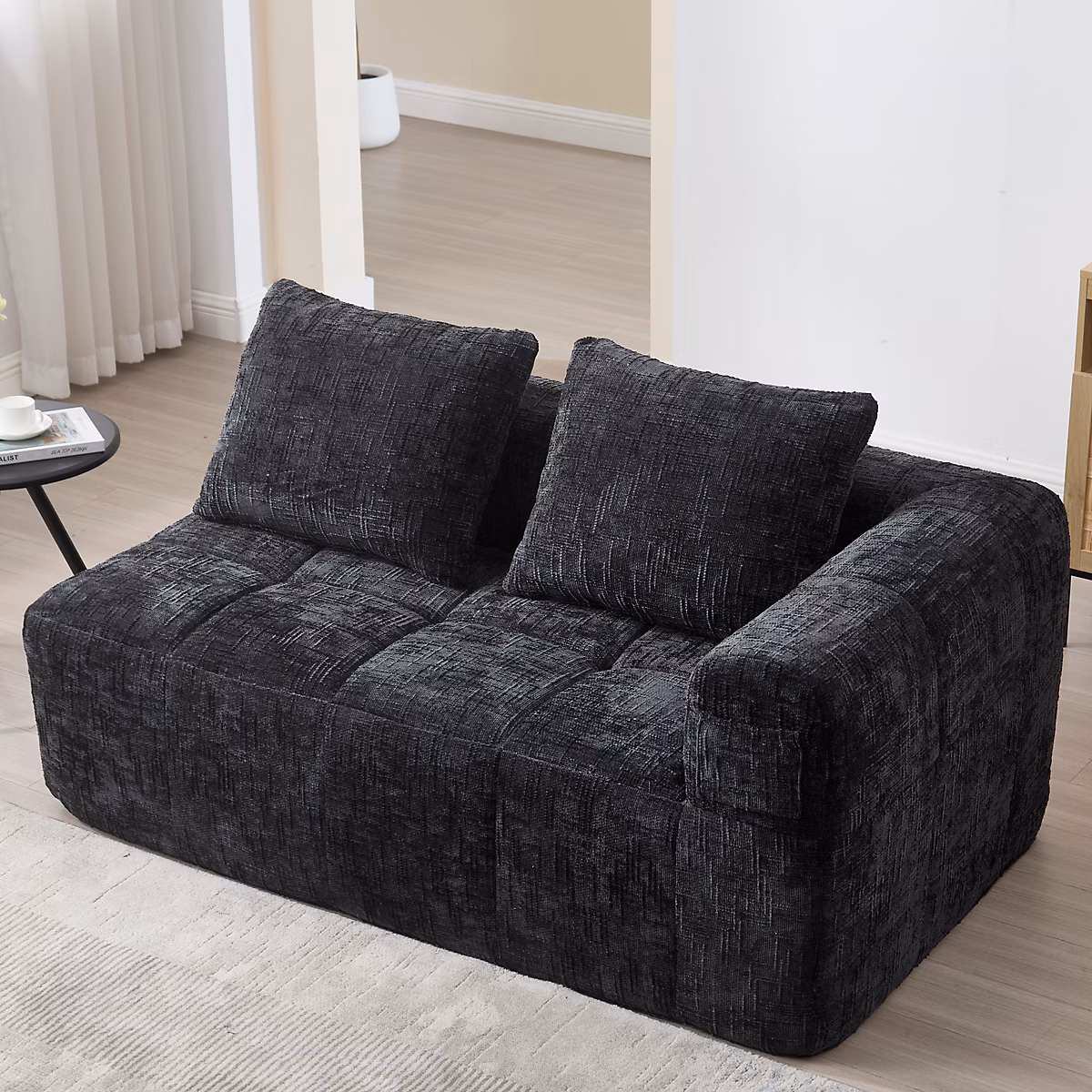 Canapé 2 places – sans montage, noir, avec coussin et poches latérales