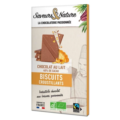 Chocolat au lait 40% biscuits bio Saveurs et Nature - 80 g