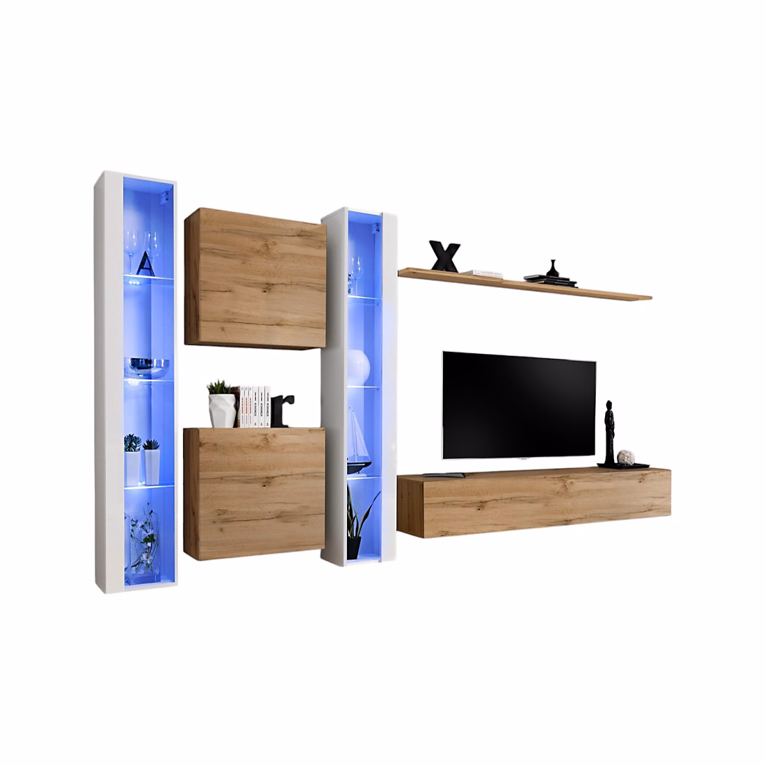 Composition murale SWITCH XVI Meuble TV – vitrines LED, cubes et étagère Chene Wotan et blanc brillant Design contemporain