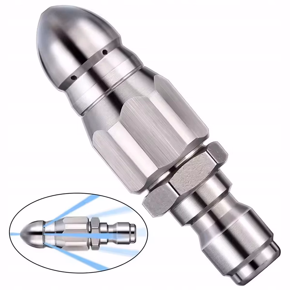 Buse de Débouchage ClearFlow SteelJet 1/4 QuickConnect – Acier INOX | 7 Orifices | Nettoyage Canalisation et Tuyaux