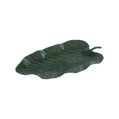 Plateau décoratif forme feuille en métal vert - 54 x 28 x 4 cm